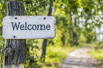 Welcome Sign in a Lush Forest Path