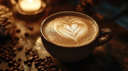 A warm cup of coffee with heart latte art, surrounded by coffee beans and a soft, natural light.