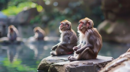 Monkeys meditating by pond, serene park, wildlife