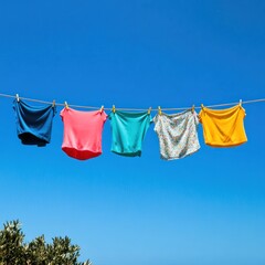 Colorful shirts drying on clothesline, sunny day, outdoor, summer