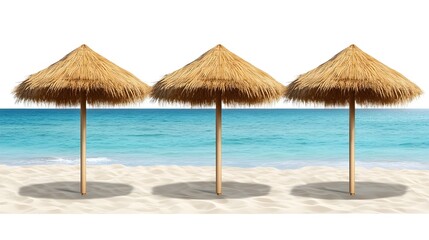 beach umbrellas, thatched parasols, tropical paradise, white sand beach, crystal clear turquoise water, sunny day, Caribbean vacation, serene coastline, idyllic seaside, summer getaway, palm leaf