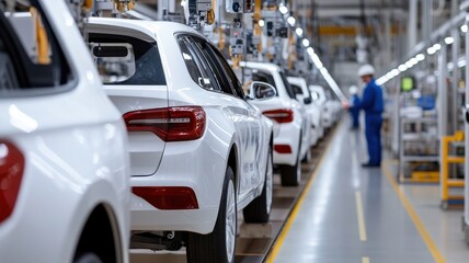 Obraz premium A factory line displaying several white cars in production, with a worker in blue attire overseeing the assembly process.