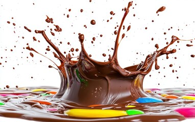 rainbow chocolate candy splash isolated on white background