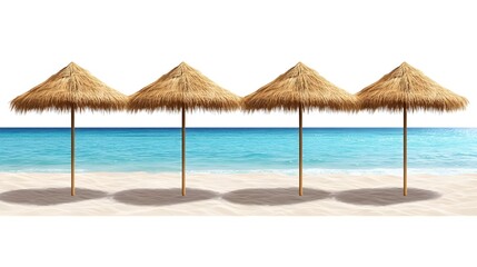 Beach umbrellas, thatched parasols, tropical paradise, clear turquoise water, white sandy beach, minimalist composition, serene atmosphere, vacation vibes, symmetrical arrangement, calm ocean, sunny 