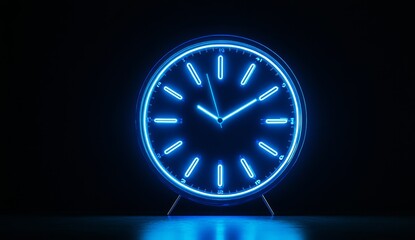 Glowing blue neon clock on black background.