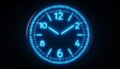 Neon blue clock showing time on black background.