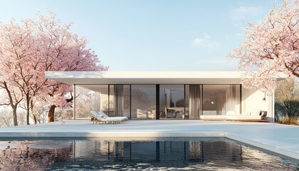 Obraz premium Minimalist luxury villa exterior with cherry blossom trees and a pool, 3D illustration