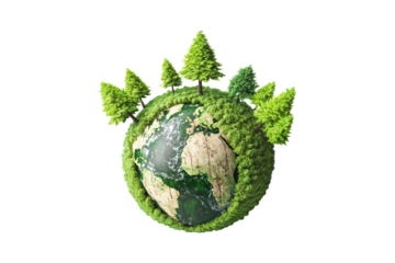 Green planet with forests representing global environmental awareness isolated on white or transparent, PNG