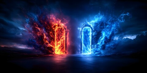 Fototapeta premium Two dramatic portals, one emitting fiery red and orange flames, the other glowing icy blue, set against a dark, stormy backdrop. Concept Dramatic Portals, Fiery Red Flames, Icy Blue Glow