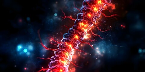 A stylized representation of a DNA double helix, featuring glowing segments and a colorful cosmic background. Concept Stylized DNA Helix, Glowing Segments, Colorful Cosmic Background, Scientific Art