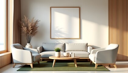 Stylish, minimalistic modern living room featuring a blank poster frame, sleek furniture, and neutral tones for a peaceful, contemporary atmosphere