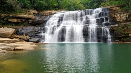 Obraz premium A serene waterfall cascades over rocks into a tranquil pool, surrounded by lush greenery, creating a peaceful natural scene.