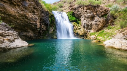 Fototapeta premium A serene waterfall cascades into a sparkling pool, surrounded by lush greenery and rocky cliffs, creating a tranquil natural oasis.