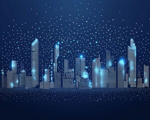 Obraz premium Abstract urban skyline with dots representing modern buildings in a futuristic night setting