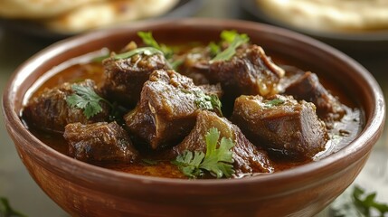 Spicy lamb curry in a rustic bowl, garnished with cilantro. Perfect for food blogs, recipe sites, or restaurant menus showcasing delicious cuisine.