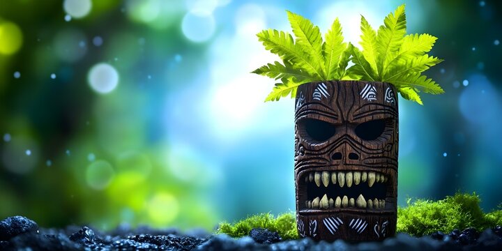 A decorative tiki mug with a carved face, topped with vibrant green ferns, set against a blurred, natural background. Concept Tiki Mug Design, Carved Face, Tropical Decor, Vibrant Ferns