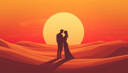 Obraz premium Wedding Proposal Ideas. Silhouette of a couple embracing at sunset in a desert landscape.