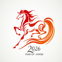 Running red fire horse symbol of new year 2026 according to Asian Chinese calendar. greeting card or banner. vector illustration