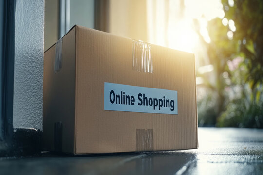 A delivery box marked with online shopping rests on a doorstep, illuminated by bright daylight. This scene highlights the convenience of home delivery services in contemporary life