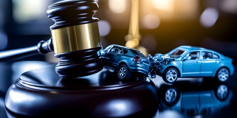 A gavel rests on a table beside miniature cars involved in a collision, symbolizing legal matters related to car accidents. Concept Legal Proceedings, Car Accident Litigation, Symbolic Imagery