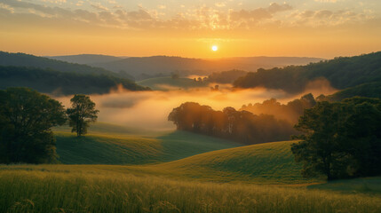 Obraz premium Misty Morning Fields and Rising Sun