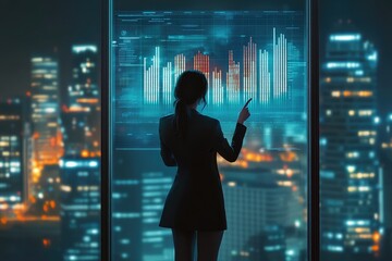 Businesswoman analyzing data on a futuristic interface overlooking a vibrant cityscape at night.