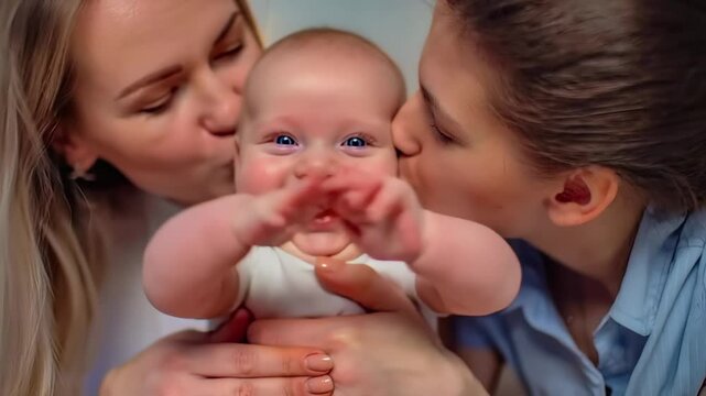 Happy lgbt mothers kissing their baby