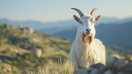 Fototapeta premium A majestic white goat standing on a hillside with a stunning mountain backdrop.