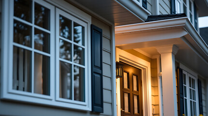 Captivating Evening View of a Classic Suburban House: Architectural Details and Warm Lighting Enhance the Home's Charm