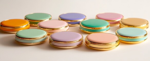 Colorful round pastel compacts with gold rims arranged on a white background.
