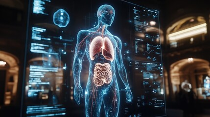 Obraz premium Futuristic Medical Hologram: Unveiling the Human Anatomy in a Museum Setting