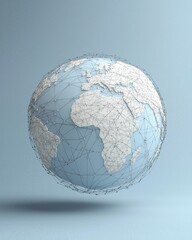 A 3D globe displaying Africa and Europe, surrounded by a network of lines, representing connectivity and global communication.