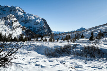 Belluno Alps, Italy - views from the mountains and valleys in winter with snow
