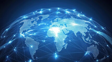 Global network connection, digital world map, data flow, glowing nodes, background dark blue, for technology concepts
