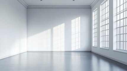Bright, empty interior of a modern room with large windows casting shadows on the floor