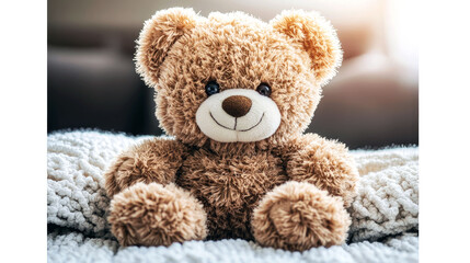 Obraz premium Adorable Brown Teddy Bear Sitting on a Cozy Knitted Blanket
