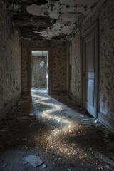 A starry path glowing faintly as it winds through a dark, abandoned hallway with peeling wallpaper and broken light fixtures. 