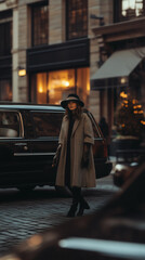 Naklejka premium Elegant woman in a coat, city street.