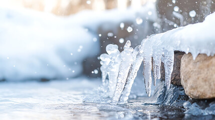 Close up of icicles hanging from snowy edge, with water droplets sparkling in sunlight, creating serene winter scene