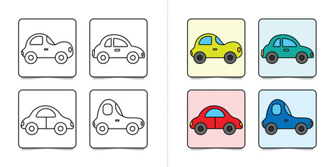 Toddlers cars or vehicles, set of kindergarten kids coloring pages with flat colorful illustration for inspiring isolated on white background