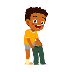 little kid do dressing process wearing jeans trouser