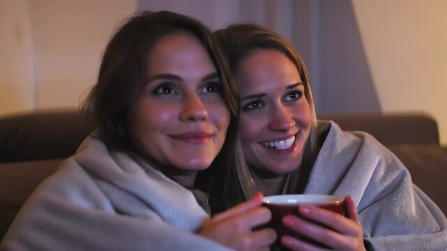 Lgbt couple watching tv and drinking tea