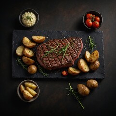 "A geometric presentation of steak and potatoes, with each component cut into sharp angles."