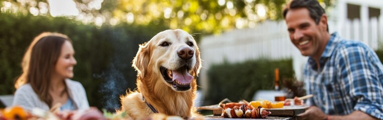 A cheerful family gathers around a barbecue in their backyard, grilling delicious food while their friendly golden retriever watches eagerly. The sun sets, casting a warm glow