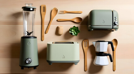 A modern kitchen setup featuring a blender, toaster, coffee maker, bamboo utensils, and a plant, all in soothing green tones on a wooden surface.