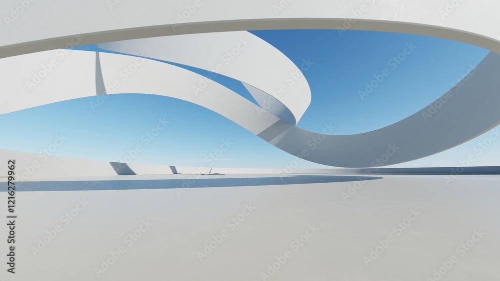 Poster 3d render of abstract modern architecture with empty cement floor, minimal exterior, car presentatio