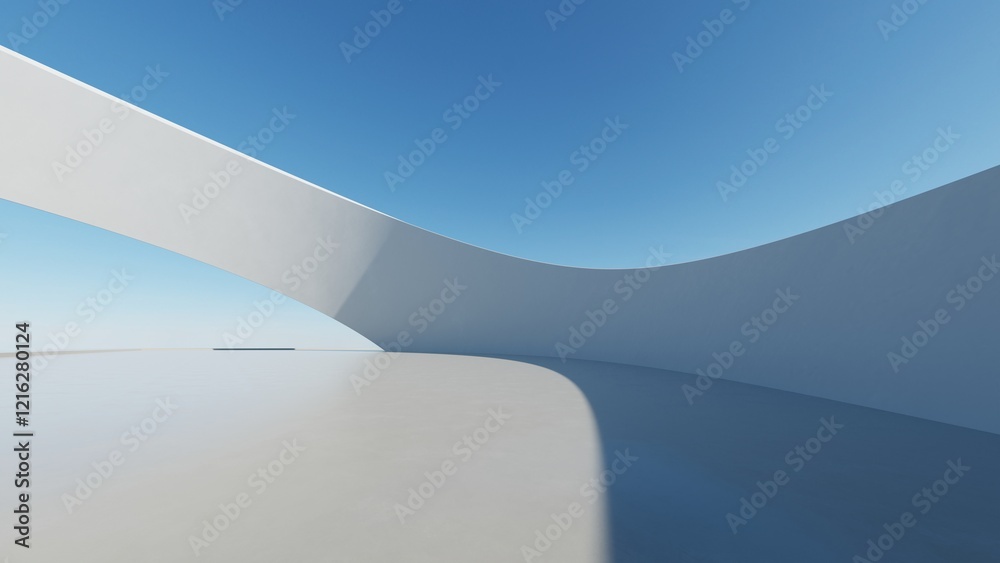 Poster 3d render of abstract modern architecture with empty cement floor, minimal exterior, car presentatio