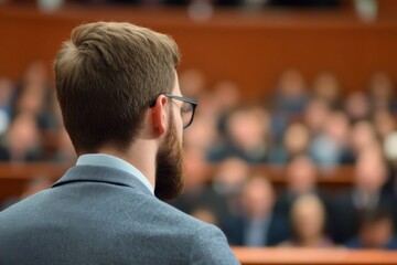 Fototapeta premium Formal presentation by a speaker addressing an audience in a conference setting with focus on engagement and communication