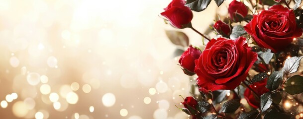 Closeup of Red Roses with Golden Lights Background