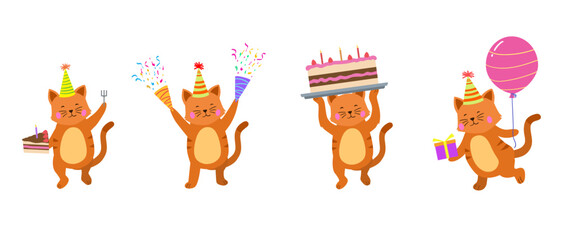 Happy birthday collection with cartoon cat characters. Birthday party vector illustration for greeting cards, invitations, events, posters, stickers, prints.